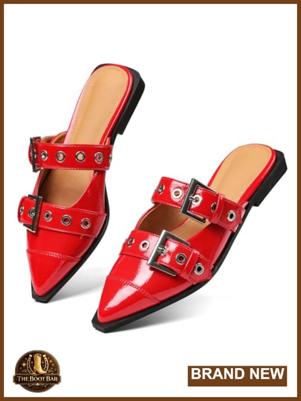 Women's Pointy Toe Mules Low Block Heel Buckle Flats Faux Leather